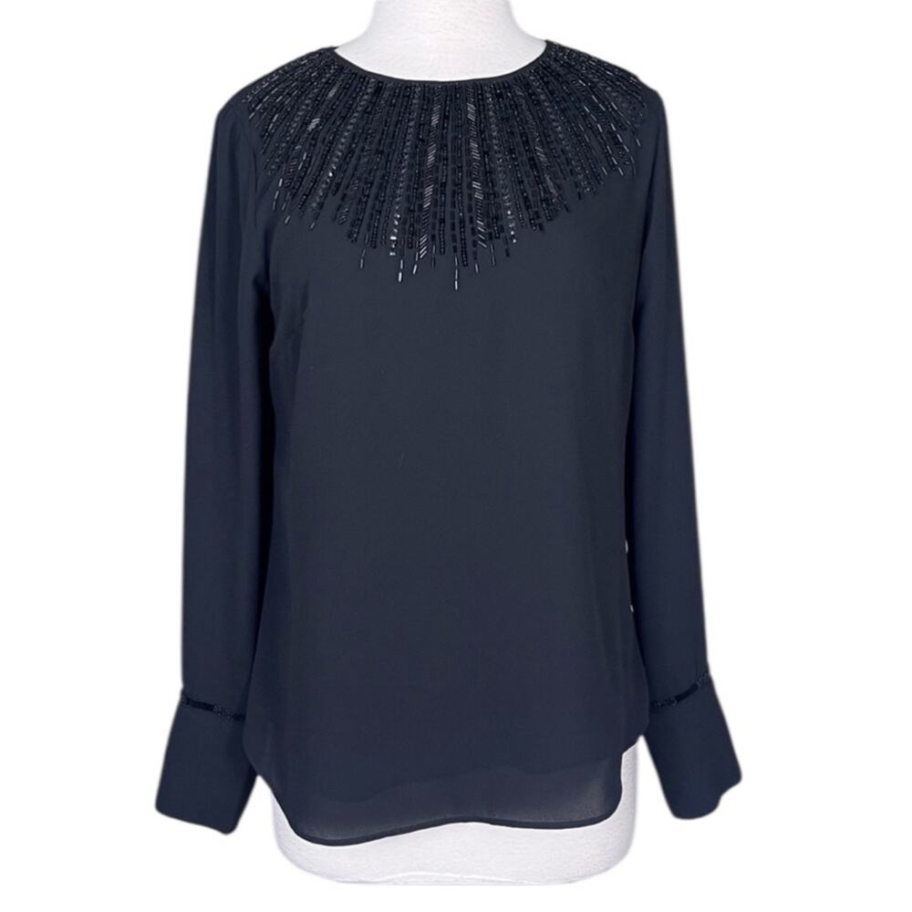 WHBM Black Beaded Sequined Holiday Blouse Womens 8 Silky Embellished Christmas